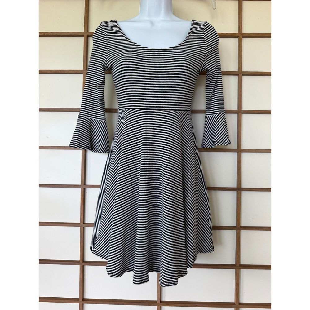 Soprano Black White Striped Fit & Flare Bell Sleeve Dress Made in USA